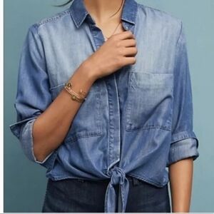 Cloth & Stone Anthropologie Blue Chambray Tie-Front Buttondown Crop Shirt Xlarge